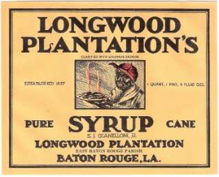 Longwood Plantations Syrup Can Label Baton Rouge,La.  