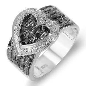  Sterling Silver Buckle Heart Ladies Round Black and White 