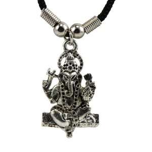    White Metal Ganesh Pendant in Black String 