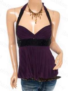  Sequins Pleats Ruched Halter Hippie Top  