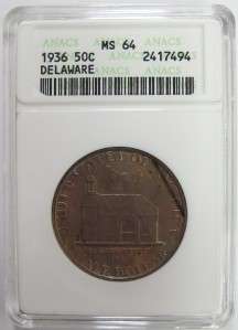 1936 Delaware Tercentenary Commemorative Half Dollar ANACS MS64 CHECK 