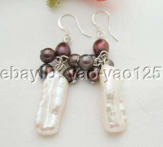 WOW~~~ Black Pearl&Biwa Pearl Earring 925 Silver Hook  