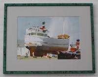 Vintage Original Signed Framed Modernist Painting Ship at Dock  