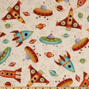  44 Wide Space Ships Cream Fabric By The Yard: Arts 