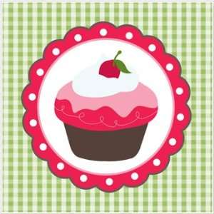   Art   15 x 15   Cherry Topped Cupcake on a Green Plaid Background