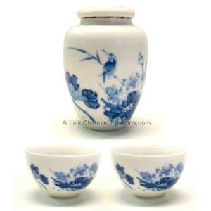   Pottery Chinese Porcelain Tea Canister with Cups   Bird & Lotus