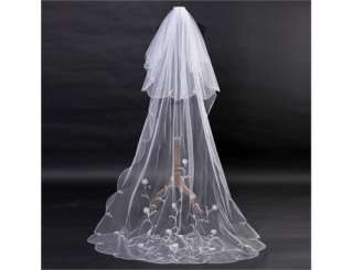2T 2.1M White Bride Bridal Wedding Cathedral Embroider Veil Free ship 