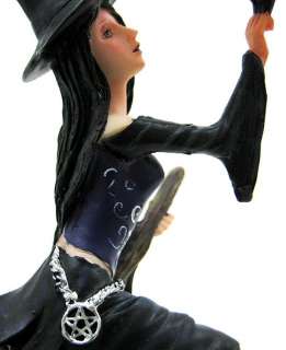Lovely Forest Witch On Broomstick Statue W/ Crow  