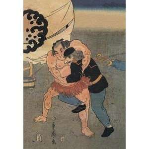  Vintage Art Sumo Wrestler Takes on a Foreigner   01806 2 