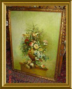 ANTIQUE HUGE!!! Still Life Flowers SIGNED Oil Painting  