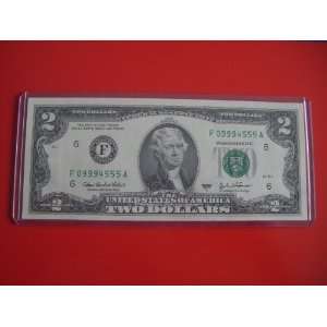   Fancy Serial Number Uncirculated $2 Two Dollar Bill Note F 0999555 A