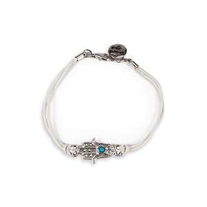  Silver Tone Charm White Band Turquoise Hamsa Bracelet 