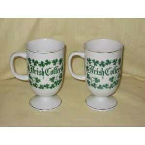 Set of 2   Pedestal Porcelain Irish Shamrock Pattern Coffee Mugs 