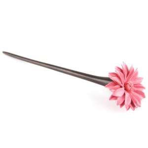  Hand Carved Sono Wood Hair Stick   Painted Leather Flower 