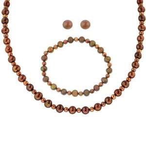 Chocolate Freshwater Cultured Pearl Necklace, Stud Earrings 