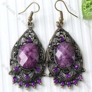 Ethnic Vintage Purple Resin Crystal Bronze Dangle Teardrop Earrings 