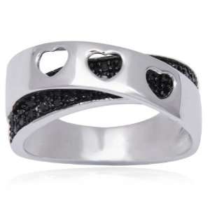   Silver and Black Diamond Accent Double Band Heart Ring Jewelry