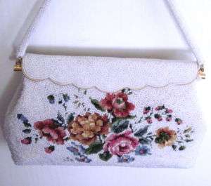 WHITE Beaded/ROSES PETITPOINT Vintage Purse/Handbag~GORGEOUS~MINT 