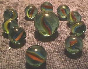 11 Vintage Estate Marbles Blue/Red/Yellow W/ Shooter  