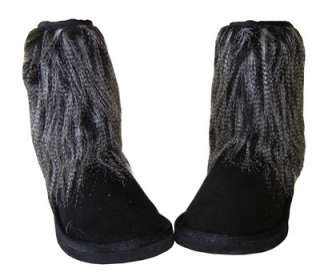 Trendy Fur Cuff Suede Classic Short Mid Calf Flat Boots Black Perfect 