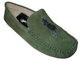 Polo Ralph Lauren Big Pony 12 Racing Green Suede Shearling Slippers 