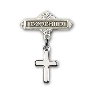   Silver Baby Badge with Cross Charm and Godchild Badge Pin Jewelry