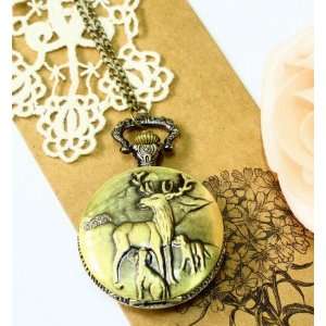  Retro Large Mountain Deer Pocket Watch Necklace 