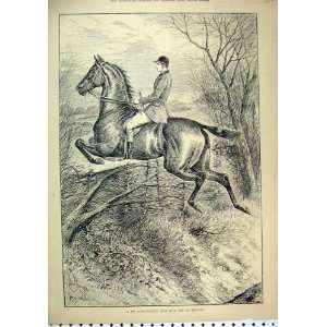 1887 Man Horse Jumping Big Fence Tree Country Scene:  Home 