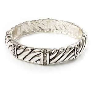  Silver Plated Rope  Textured Crystal Hinged Bangle 