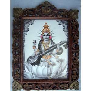 Godess Saraswati in lotus with Saraswati Veena poster painting in Wood 