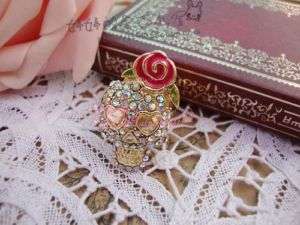 24Pcs Bronze Skull With Pink Rose Ring with crystals  