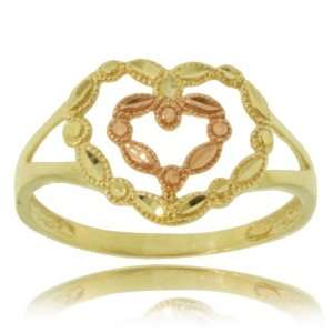 Heart Ring Rose & Yellow Gold Diamond Cut Double Heart 