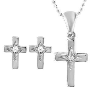 Sterling Silver Ladies Matching Cross Pendant & Earrings With White CZ 