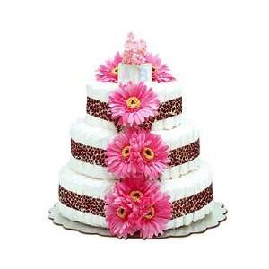Hot Pink Daisies With Leopard Safari Diaper Cake   3 Tier  