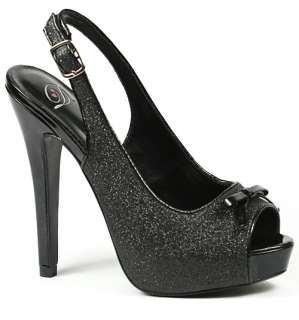 Black Glitter Slingback Open Toe Heel Platform Pump  