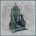 CAST IRON VICTORIAN INKWELL w/ PORCELAIN FLOW BLUE INKPOT ~ANTIQUED 