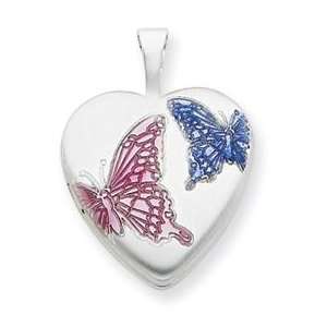    Sterling Silver 16mm Enameled Butterfly Heart Locket Jewelry
