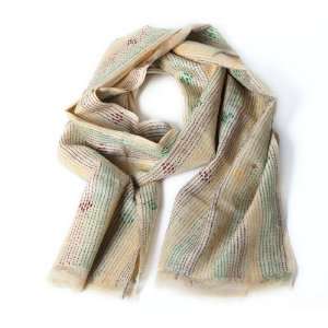 Beige Linear Pattern Kantha Silk Scarf (Red, Green and Yellow threads)
