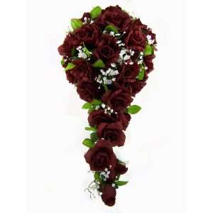  Burgundy Silk Rose Cascade   Wedding Bouquet Everything 