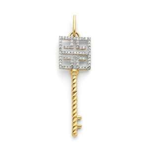   14 Karat Gold Key Pendant with Greek Key Design and Diamond: Jewelry