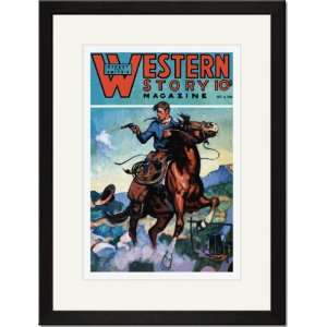 Black Framed/Matted Print 17x23, Western Story Magazine Gunning Em 