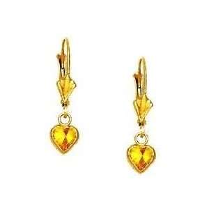 14k Yellow 5 mm Heart Citrine Yellow CZ Drop Earrings   JewelryWeb