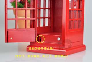Vintage Wind Up Wooden Toy Music Box, Red Phone Booth  