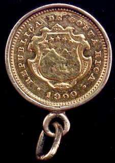 Rare 1900 Cost Rica Gold Coin 2 Colones in 14kt Bezel  