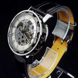   White Face Skeleton Cool Automatic Carve Watch Mens Leahter HQ Gift