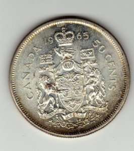 CANADA 50 CENTS.1965,SILVER XF. CONDITION  