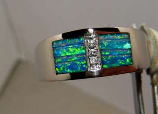 Unique Pattern! Solid Inlay OPAL & DIAMOND Mens RING 10 Grams 14k 