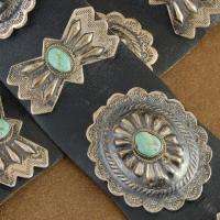   1960s Old Pawn Sterling Silver Turquoise Concho Leather Belt  