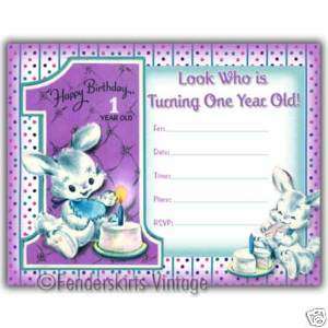 Vintage Retro First Birthday Bunny Party Invitations  