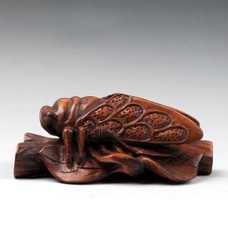 Hand Carved Boxwood Wood Netsuke Carving Sculpture Cicada On Wood 